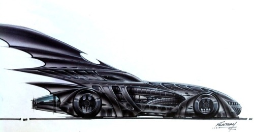 Gigeresque Batmobile designs by Tim Flattery, for Batman Forever (1995 and, last image, Batman Retur