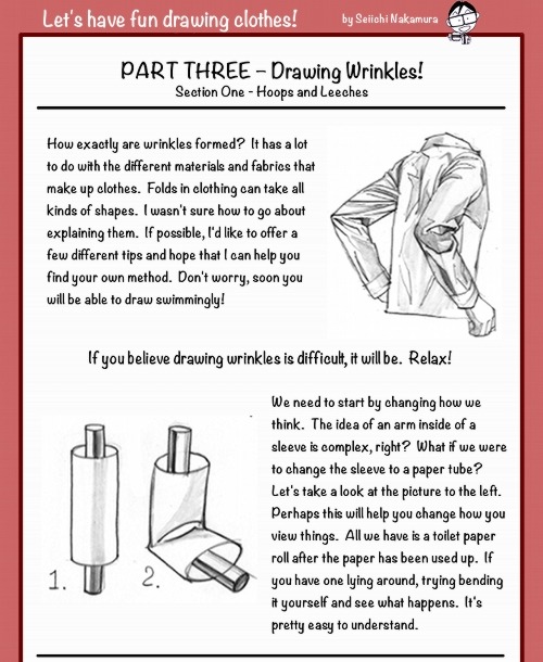 sparkle-fluff:  queensimia:  tobediff:  Section One of Part Three!  Some interesting approaches to wrinkles in clothing.  Holy shit, someone translated Hitokaku tutorials into English?! GIEF TO ME  this is such a fantastic way of explaining it! 