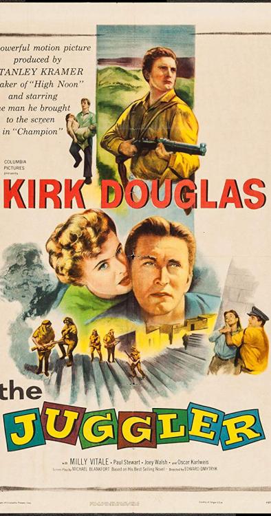 THE JUGGLER (1953). Edward Dmytryk directs Kirk Douglas in a drama of a concentration camp survivor 