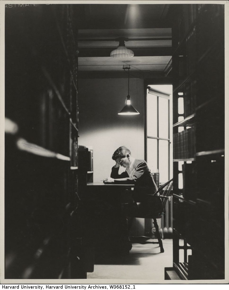 Student in a stall in Widener, ca. 1942. Harvard University Archives.