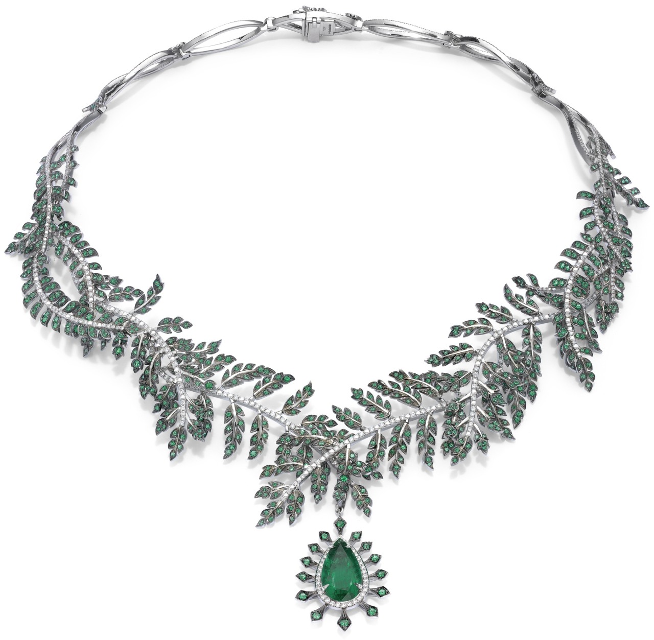 diamondsinthelibrary:  Asprey Fern Necklace with emerald pendant. The Fern Necklace