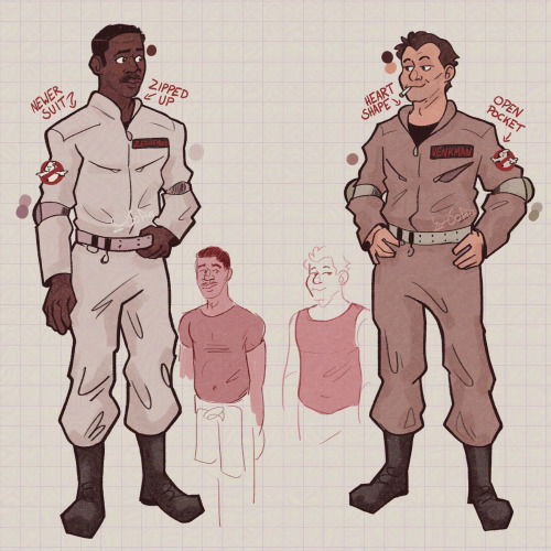 Winston has a newer suit which is whiter compared to the other suits' slightly varied shades of gray and it's fully zipped up; he's shown adjusting his belt with one hand, and wears a t-shirt underneath. Peter's collar sits in a heart shape and one of his pockets is unzipped. He's shown with his hands on his hips smoking a cigarette, and wears a tank top underneath.
