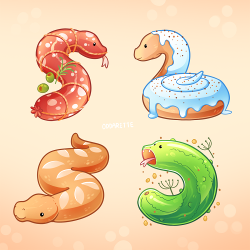 oddarette: Food Snakes.1. Salami Snake2. Cinnamon Roll Snake3. Baguette Snake4. Pickle Snake