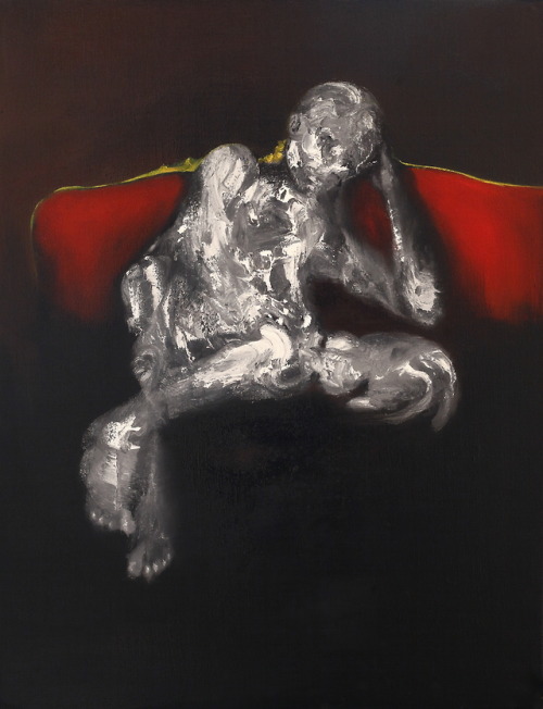 pepijn-simon:  A Man Sitting On A Red Couch With A Cat (Study For Three Figures On A Red Couch) Oil 