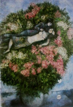 wanderingindie:  &ldquo;And both of them remained floating in an empty universe where the only everyday and eternal reality was love…&rdquo; — Gabriel Garcia Marquez, One Hundred Years of Solitude Painting: Lovers Among Lilacs, Marc Chagall (1930)