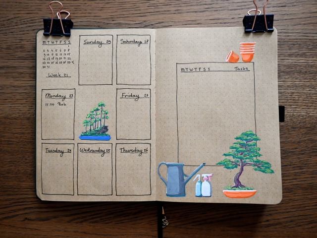 A photo of a bullet journal with pages of light brown kraft paper. On the left page a weekly layout is drawn, with the days of the week in black fineliner boxes, and a small overview of the days of the month in the top left corner. It is week 21. In the middle of the page is a drawing of a bonsai tree that is made to look like a small bonsai forest growing out of a piece of tree bark. On the right page a 'rolling weekly' task list is drawn in the middle of the page. On top of this task list is a drawing of a stack of orange flower pots. One is tipped over, lying on its side. At the bottom of this page are several drawings of a grey watering can, two watering spray bottles, and finally a tall bonsai tree with many dark green leaves. 