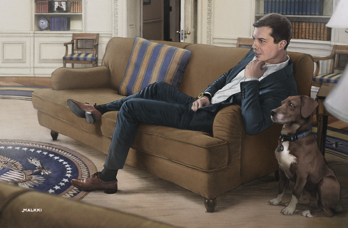 Confidant Scene of Pete Buttigieg in the Oval Office with Truman the dog - so named after a presiden