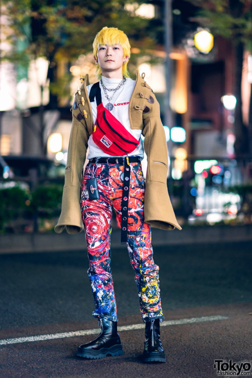 21-year-old Japanese hair stylist Shimon on the street in Harajuku wearing a cropped hooded jacket b