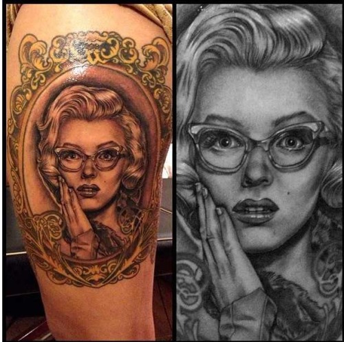 fuckyeahtattoos:  Portrait done by Pablo Aponte, work done at Low Rider Tattoo, CA Frame Done by Jasmine Wright, work done at Buju Tattoo, CA I’ve had the frame done for quite some time now. I’ve been waiting to fill the frame but wanted the perfect