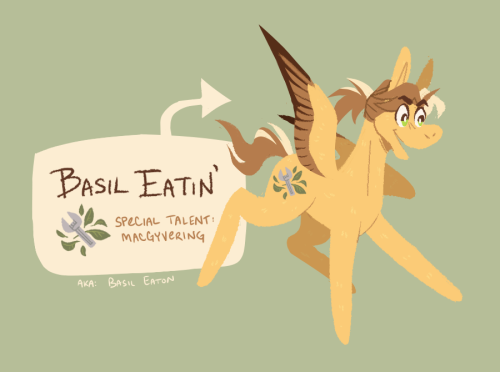 Lineless flatcolor illustration of a MLP-style pegasus character. He has a yellow body, bright green eyes, and brown and white hair tied into a short ponytail. He is smiling with an open mouth and has a cutie mark of a wrench surrounded by basil leaves. An info bubble next to him reads "Basil Eatin' / Special Talent: Macgyvering / AKA: Basil Eaton" and has a closeup of his cutie mark.