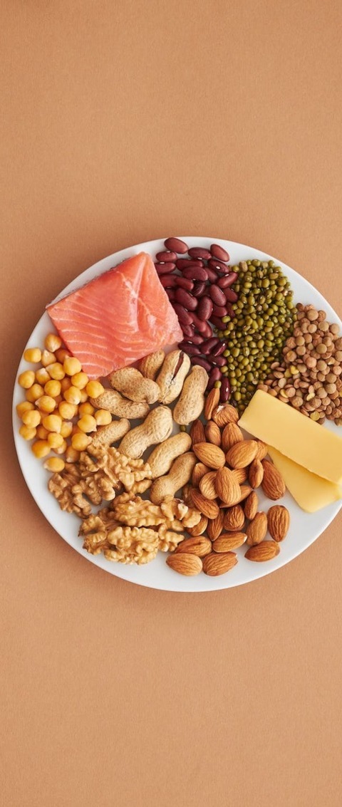 Vegetarian Salad With Cheese, Almonds, Peanuts, Walnuts, Chickpeas, Lentils, Kidney Beans And Salmon