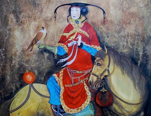 Mongolian ladies on horseback by Zaya