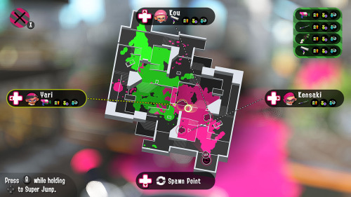 splatoonus:Our research indicates that the mid-battle stage map has changed a bit. Apparently Inklings can press the X Button to view the map at any time during a battle. Once the map is open, they can then press the directional buttons and the A Button