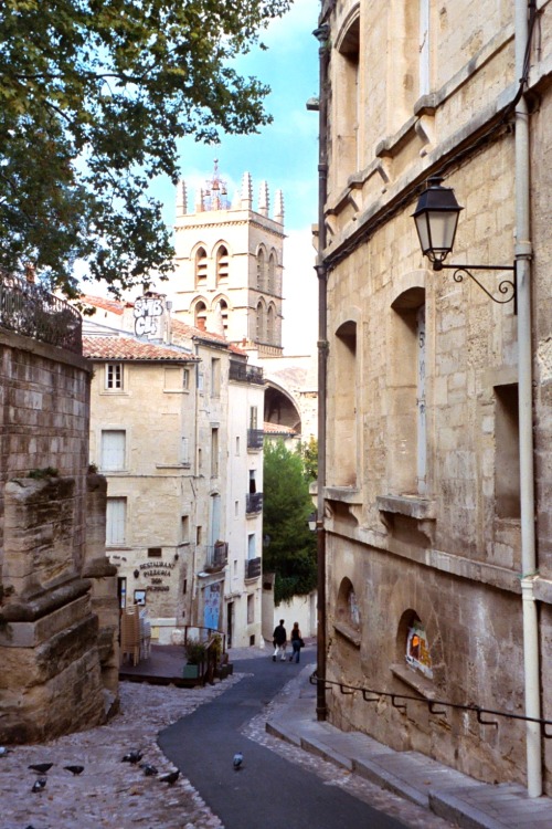 Scène de rue en regardant vers la cathédrale, Montpellier, 2005.