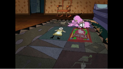 In the episode of Courage the Cowardly Dog “The Quilt Club,” Muriel gets sucked into a possessed Quilt. To save her, Courage starts sewing in memories to snap her out of it. One of these memories is his fur. Lucky for him he’s got Tighty Whities