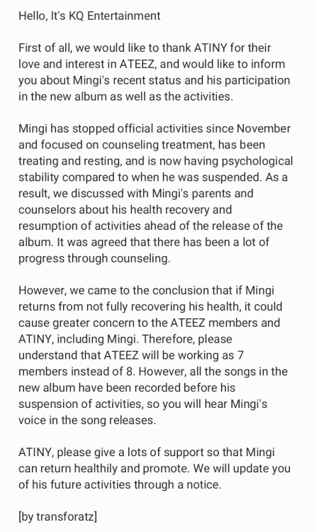 Fancafe update on Mingi&rsquo;s comeback activities and recovery progress