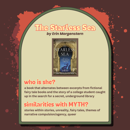Starless Sea by Erin Morgenstern. who is she? a book that alternates between excerpts from fictional fairy tale books and the story of a college student caught up in the search for a secret, underground library. 
Why it's like Myth: Stories within stories, unreality, fairy tales, themes of narrative compulsion/agency, queer