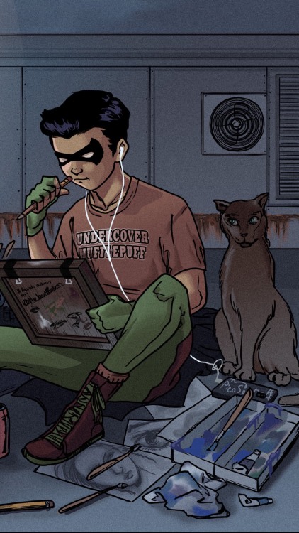 Damian Wayne and Richard the Cat: Drawing by Batlight When it’s a slow night, or when he’s just %100