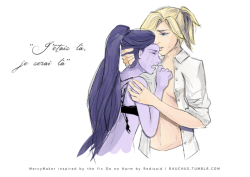 rauchus: i binge read a couple of fics on my 26-hr trip home and Do No Harm by @redisaid KILLED ME. AUGH. naturally, i needed to draw a mercymaker angst fanart. one of the many healing moments they have to go through, naturally.  also the french is probab