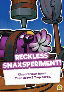 Bugsnax card game card. Image: Floofty lying in the beheading device, with the sawblade visible to the right. Text: "RECKLESS SNAXPERIMENT!: Discard your hand. Then draw 3 Trap cards."