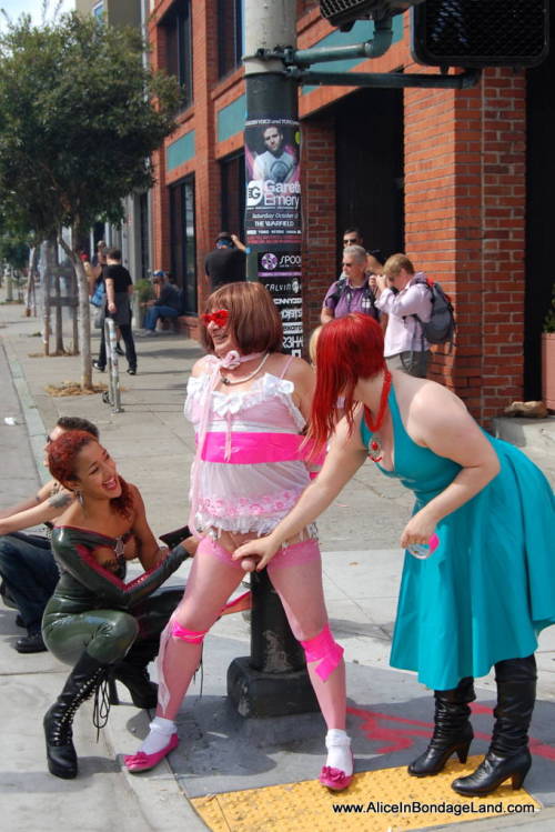 mistressaliceinbondageland:  Folsom Street Fair sissy handjob on the corner of 8th St and Folsom…  This is the most public cumshot I have ever filmed and one of the most extreme public humiliation movies in my collection. I love this shoot so much.