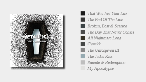 pinklysmooth:   Metallica albums + colour palette track list - (x , x)  
