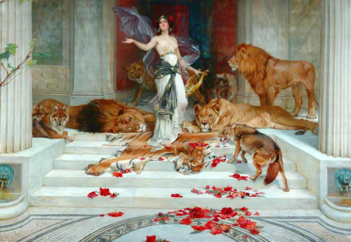 The Enchantress Circe in her palace surrounded by tamed animals, among them the human victims she ha