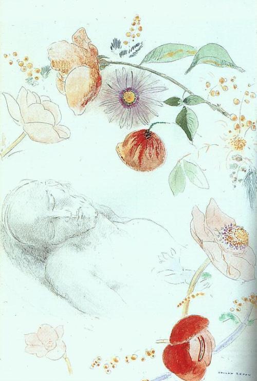 artist-redon: Bust of a Man Asleep amid Flowers, Odilon Redon Medium: watercolor,paper