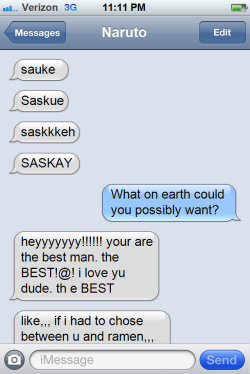 textsfromshinobi:   Requested by sasukeyoulittleshit  Naruto has a problem with drunk-texting.