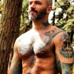 scofflawscallawag:  Ari al fresco. . . arianlevanael:  Throwback to autumn days in the woods. #seasonschange #autumn #tattoo #ink #beard #scruffy #bushman#arianlevanael #ari  