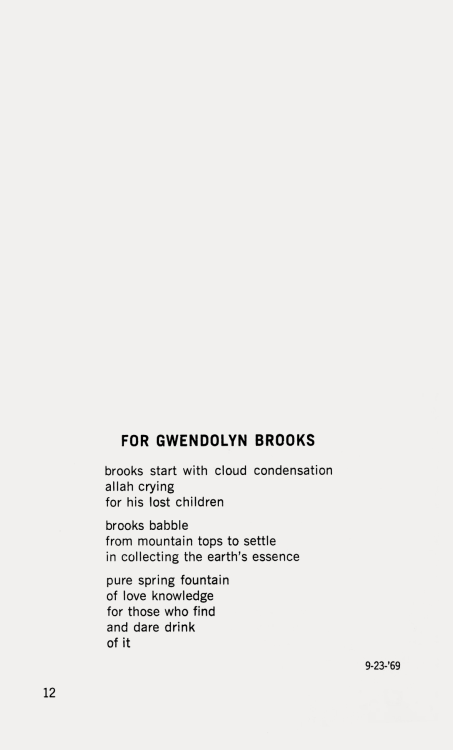 Nikki Giovanni, For Gwendolyn Brooks [September 23, 1969], in Re:Creation, Broadside Press, Detroit,