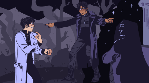 A redraw of a meme of multiple spidermen pointing at each other, but it's Yoo Joonghyuk pointing at very confused Kim Dokja and smiling Secretive Plotter. Kim Dokja is also pointing at himself with utter confusion written on his face.