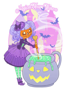 magicalteatime:  It’s spooky tea time! Pumpkin-chan is getting witchy. Print available here 