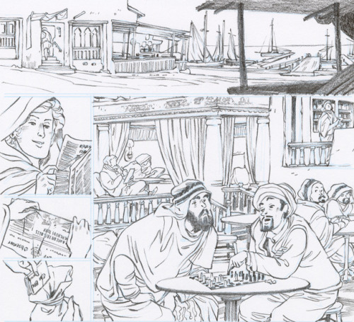 From DELILAH DIRK AND THE THIRD PILLAR OF HERCULES: passing the time in the port.In order: final art