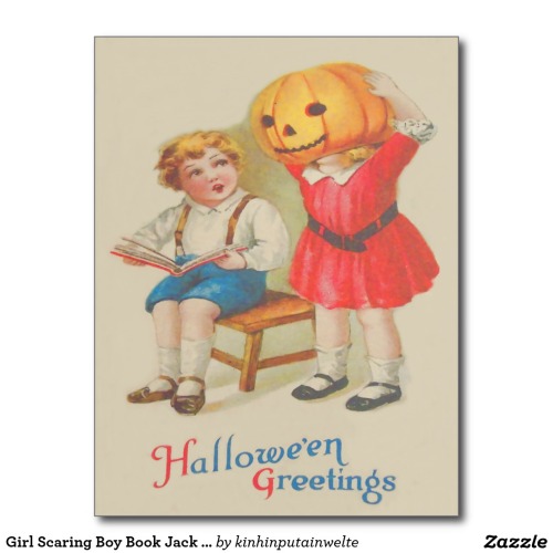 Girl Scaring Boy Book Jack O’ Lantern Postcard - $1.10 Made by Zazzle Paper This Halloween pri