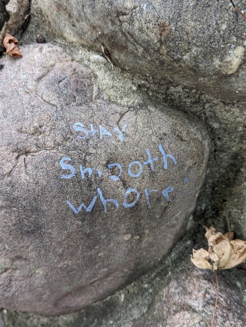gray boulder in a rock wall with the words "stay smooth whore" written in blue paint.
