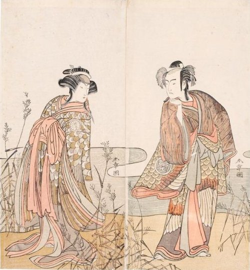 Arashi Sangoro II as Kawazu Saburo and Segawa Kikunojo III as the Sprit of a Mandarin Duck by Katsuk