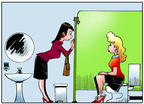 What is the brunette saying to the blond in the bathroom?