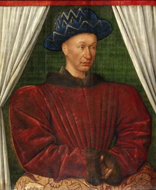 history-of-fashion: ab. 1445 or ab. 1450 Jean Fouquet - Portrait of Charles VII of France (Louvre Mu