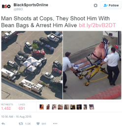 reverseracism:  thingstolovefor:  An armed man barricades himself in a motel, takes out his gun and shoots at the cops.  It wasn’t a maybe or we thought he had a gun, this was 100% him shooting at them, but AMAZINGLY with this guy they were able to