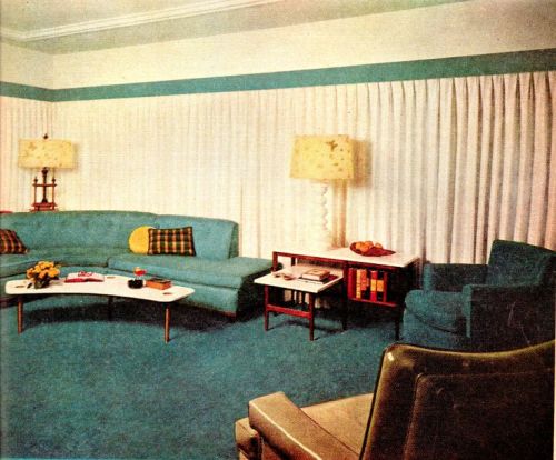 1955 mid century modern living room blue and white