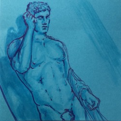 sticky-note-doodles:  More statues…  Ballpoint pen, felt tip pen and colored highlighter, all in blue on a blue 3x3 inch post it note.