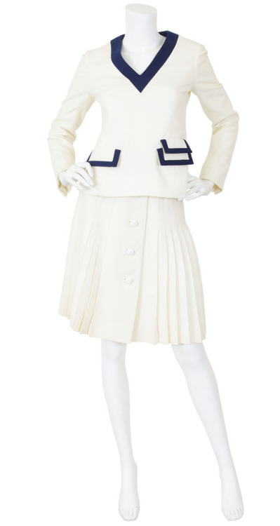 Valentino Boutique c. 1968 Cream &amp; Navy Wool Skirt SuitAvailable on Featherstone Vintage