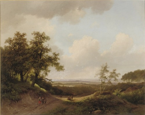 An extensive summer landscape with figures on a path, 1850, Marinus Adrianus Koekkoek