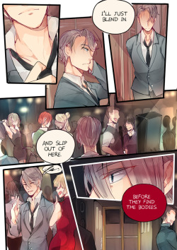 crimson-chains:  A commission I did for @animefanimefic :DA scene from their Assassin AU!!! OuOGive it a read~~~~Here’s an excerpt!  Victor heard a shriek ring out over the pulsing beats and only had a moment to register that a body was tumbling backward