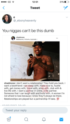 taint3edcakes:  trilligan-island:  rubydat98: aaliyah-appollonia:   fabulouslymemzb:  Niggas  He be swearing he on some profound shit lol    Niggas really are this dumb though I swear to everything I love.  STOP SAYING NIGGAS, THIS IS ONE DUMB ASS WE