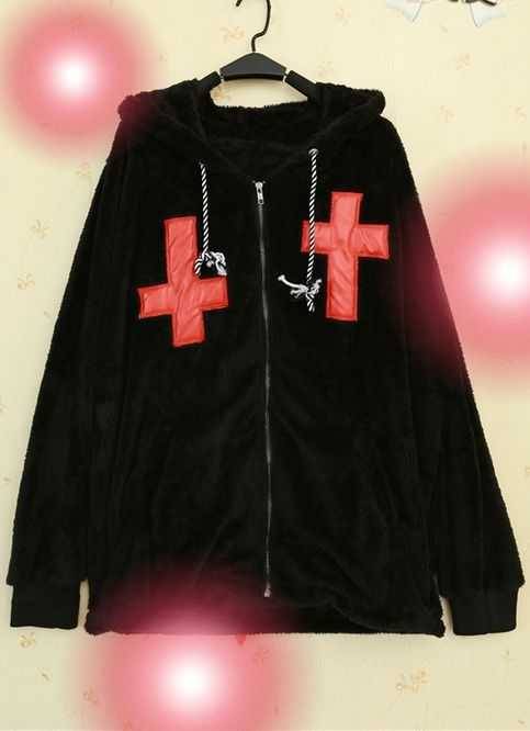 ~♡~ ♡Harajuku little devil three dimensional ear/tail/crosses plush hooded coat♡  ♡Use discount code