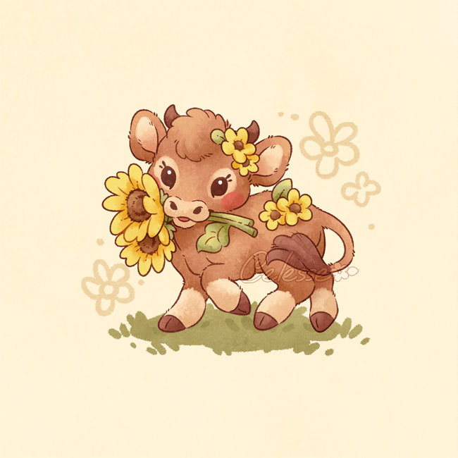 A watercolor-style drawing of a baby brown cow holding sunflowers in their mouth and trotting on a patch of grass