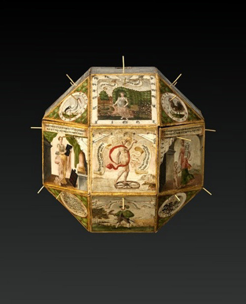 Ludwig von Hohenfeld, Polyhedra sun dial, “Bilderbuch-Sonnenuhr”, 1596. Wood, paper, iron, brass. Ge