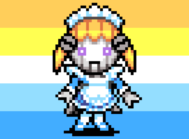 Li'l Miss Marshmallow, a small robot with golden metal pigtails, purple circle "eyes" and a blue maid outfit superimposed on an aroace flag with the colors picked directly from her sprite